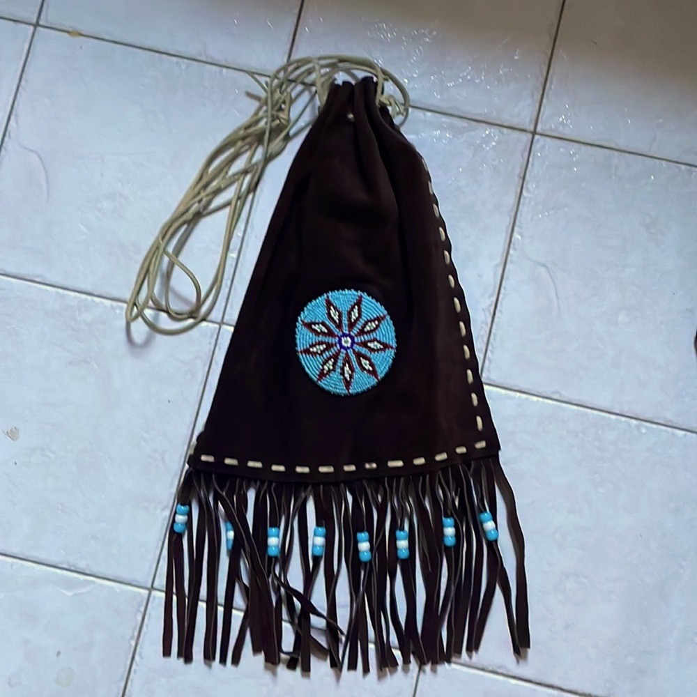 Native American Motif Fringed Draw String Suede P… - image 1